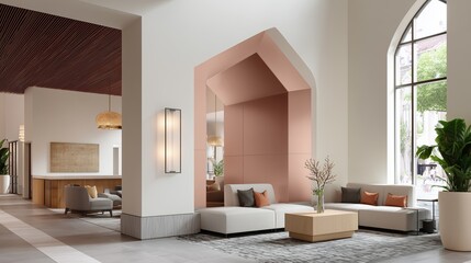 Poster - Modern hotel lobby featuring contemporary design elements and cozy seating in a stylish urban setting during daylight