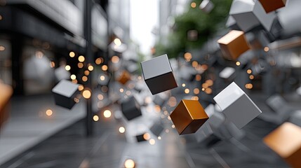 Fototapete - Floating data blocks form a futuristic cityscape, enhanced by glowing lights and reflections, emphasizing advanced technology