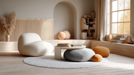 Poster - Soft pastel tones create a cozy modern living room with a cream sofa, round coffee table, and natural light enhancing the decor