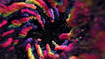 Poster - Dynamic abstract art featuring vibrant neon colors in a swirling, textured pattern. The intricate design creates a sense of movement and energy, resembling a cosmic or microscopic environment
