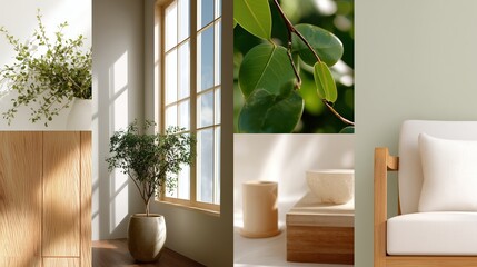 Poster - Stylish interior showcasing natural elements and light in a modern living space during the day