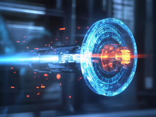 Poster - Futuristic holographic shield is depicted, deflecting powerful energy beam with vibrant colors and intricate details. scene conveys sense of advanced technology and dynamic action