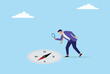© Sohag sarkar - Vector illustration of a businessman closely observing a compass with a magnifying glass, symbolizing detailed examination, strategic direction, and focused business navigation