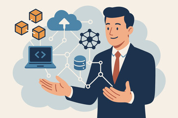 Aufkleber - Businessman presenting blockchain network, cloud computing, big data integration, digital innovation, technology solutions, database, coding, modern flat vector illustration
