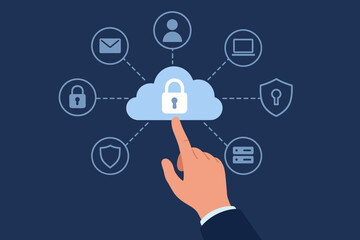 Aufkleber - Cyber security cloud computing concept. Hand touching secure cloud icon. Data protection, privacy, network connection, lock symbol, information safety, technology vector illustration