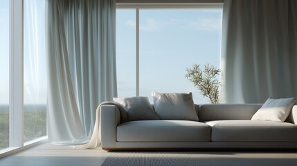 Poster - Modern living room with a panoramic view and soft natural light streaming through sheer curtains