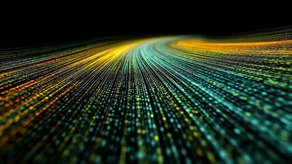 Poster - Conceptual illustration of a digital highway with cascading streams of binary code representing the pulse of information at high speed. The blending colors of the data flow illustrate