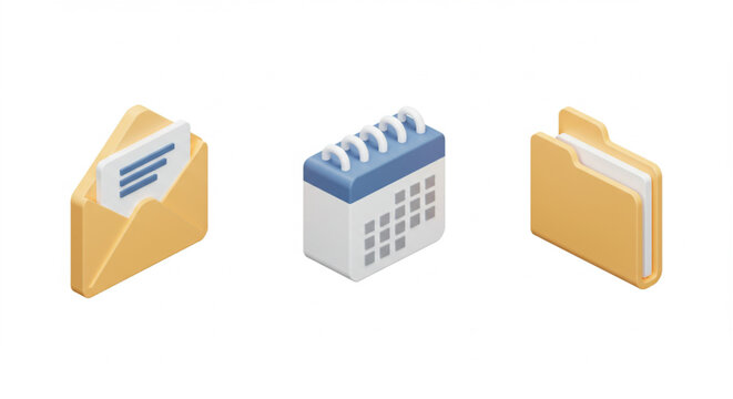 3D Rendered Email, Calendar, and Folder Icons for Organizational Purposes