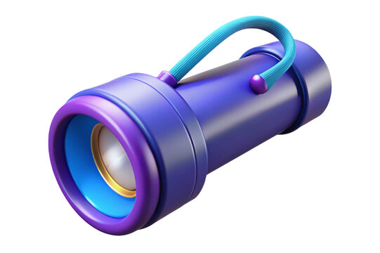 Modern 3d rendered purple flashlight with blue handle isolated on transparent background