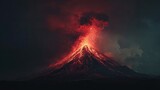 cinematic wide shot of a towering volcano erupting violently at night, spewing glowing red lava and ash into a dark, stormy sky, dramatic light from the eruption,