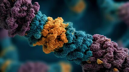 Poster - Detailed visualization of a dna molecule highlighting its complex structure with intertwined strands in vibrant colors, representing genetic information and molecular biology concepts