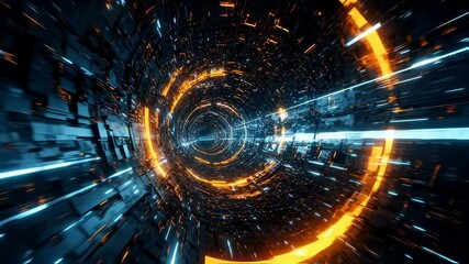 Poster - Immerse yourself in a stunning visualization of a cybernetic gateway where a radiant tunnel teems with dynamic energy. The interplay of orange and blue vibrations presents a captivating