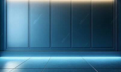 Poster - Universal minimalistic blue background for presentation. A light blue wall in the interior with beautiful built-in lighting and a smooth floor.