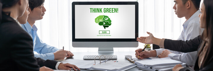 Poster - Business intelligence and data analysis concept. Analyst team working on financial data analysis dashboard on laptop screen as marketing indication for effective business strategic planning. Insight