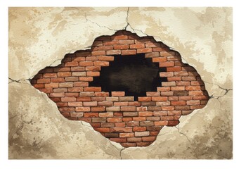 Poster - A Gaping Hole in an Old Brick Wall - Decay, vulnerability, exposure, passage, resilience. A weathered brick wall with a large hole reveals the darkness beyond