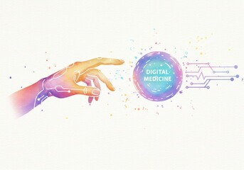 Poster - AI Healthcare: Futuristic Hand Reaching Medicine - Symbolizing technological advancement, healthcare, human interaction, innovation, and future medicine