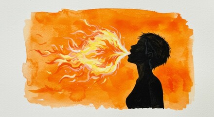 Poster - Fiery Breath Silhouette - A woman's silhouette breathes vibrant flames, symbolizing power, passion, transformation, freedom, and inner strength. Orange background