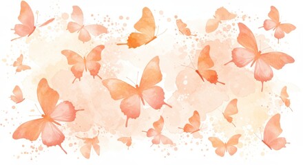 Poster - Peach Butterflies Watercolor Art - Delicate watercolor painting of numerous peach-colored butterflies fluttering against a soft peach and white background