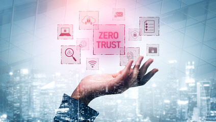 Poster - Zero trust model enhances data protection. Zero trust blocks unauthorized access, secures devices, zero trust defends networks, and zero trust verifies users continuously. Vouch