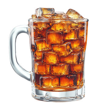Glass mug of cola with ice cubes isolated on transparent background
