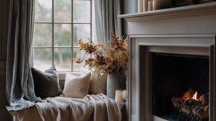 Poster - Cozy living area with a fireplace, window seating, and warm decorative elements in autumn light