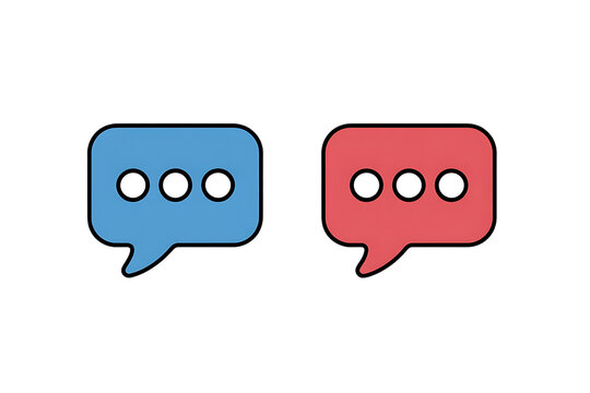 Two colorful speech bubbles, one blue and one red, with three dots indicating a message or conversation on transparent background