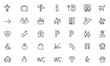 © aura studio - Public navigation line editable icon set, transport direction location symbols, map pin path signage GPS wayfinding urban guide, vector illustration, city travel route icons, mobility.