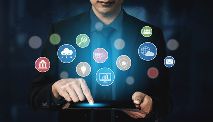 Poster - Set of business and digital service icons representing finance, cloud, analytics, email, communication, ecommerce, cybersecurity, and global connectivity in a modern ecosystem Vouch