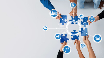 Poster - Explore a collaborative scene showcasing diverse hands assembling puzzle pieces to symbolize teamwork in digital marketing-driven strategies for business growth. Amity
