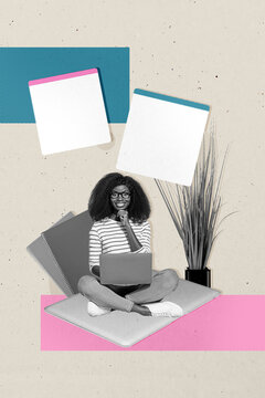 Trend template sketch design photo collage of student young lady sit work laptop copybook remote device computer netbook technology notes