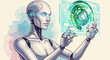 © Matt - Illustration of a humanoid robot interacting with a holographic display interface screen