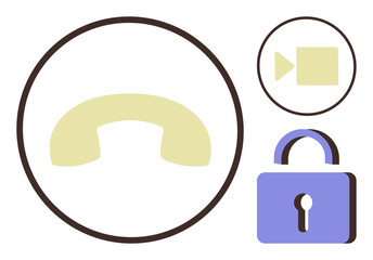 Poster - Phone icon in circular frame, video record button, and lock symbol emphasizing communication and digital security. Ideal for technology, privacy, cybersecurity, app interfaces, communication