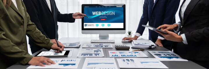 Poster - Panorama shot analyst team utilizing BI Fintech to analyze financial report with laptop. Businesspeople analyzing BI data dashboard displayed on laptop screen for business insight. Prodigy
