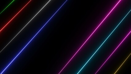 Poster - Abstract digital background featuring vibrant neon light stripes in a diagonal pattern on a black backdrop perfect for modern design and futuristic visuals.