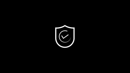 Poster - Shield icon with checkmark inside representing data security protection, digital privacy and confirmation in a minimalist outline design on a black background.