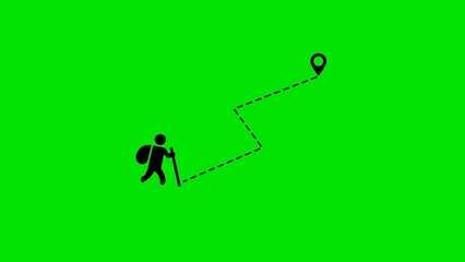 Poster - Hiking adventure concept depicting a traveler following a dotted path towards a destination with navigation marker symbolic of a journey and travel goals