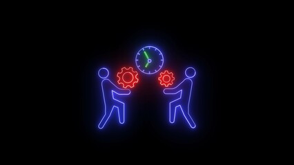 Poster - Teamwork and time management illuminated neon illustration depicting collaboration coordination and efficiency within a conceptual partnership in a dark background.
