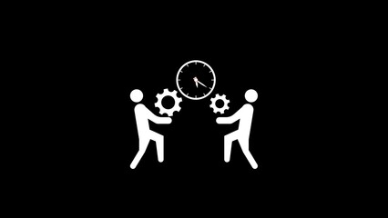 Poster - Two stylized people working together with cogs and a clock representing teamwork time management and collaboration in a simple vector illustration on a black background