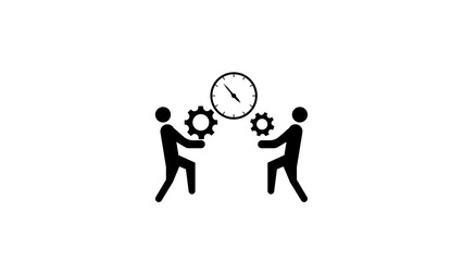 Poster - Teamwork and time management concept depicted with stick figures holding gears and clock symbolizing productivity and efficiency against a white background