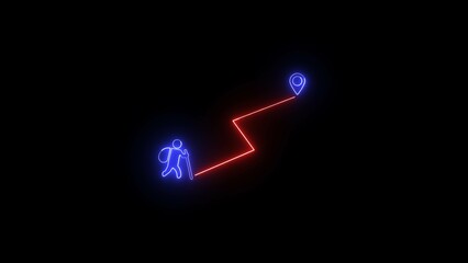 Poster - Neon illustration of a hiker following a marked path to a destination with glowing lines and pinpoint location symbol set against a dark background.