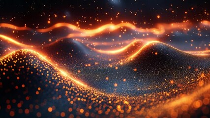 Poster - Luminous Fields: Abstract digital artwork of glowing particles in a rippling landscape.