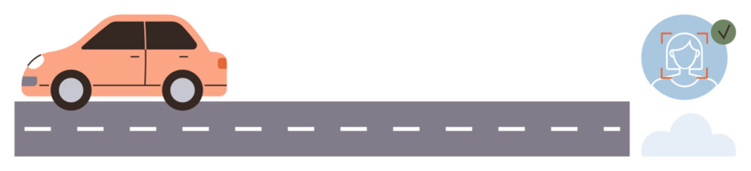Poster - Orange car driving on a gray road with dashed lines, facial recognition icon with checkmark, and clouds. Ideal for AI technology, autonomous vehicles, facial recognition, travel, innovation, safety