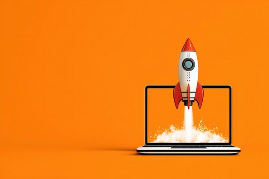 Rocket launches from laptop screen creating a vibrant display against an orange backdrop, symbolizing creativity and innovation in technology