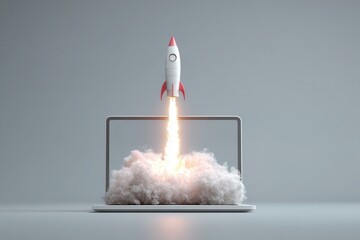 Aufkleber - Laptop launching a rocket with vibrant flames and clouds in a creative, imaginative setup showcasing digital exploration and innovation