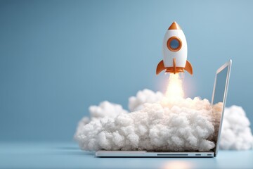 Aufkleber - Smoke rising dramatically from a laptop as a rocket launches into the air symbolizing innovative technology and creativity in a modern workspace