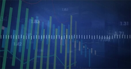 Poster - Ticking waveform initiating blue green bars fluctuating, orange line graph tracing financial trends
