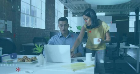 Poster - Female coworker carrying coffee mug initiating colleague typing code with floating security glyphs