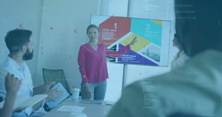 Poster - Pointing infographic on display presenter leading business discussion while colleague noting points