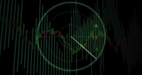 Poster - Initiating green radar overlay, white sweep line rotating clockwise scanning candlestick bars
