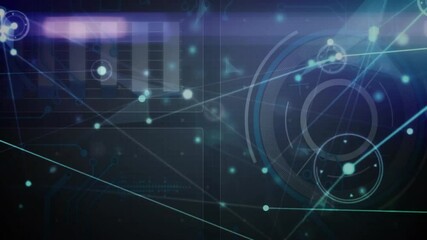 Poster - Digital network interface receiving nodes, bars pulsing, gauge rotating, processing data